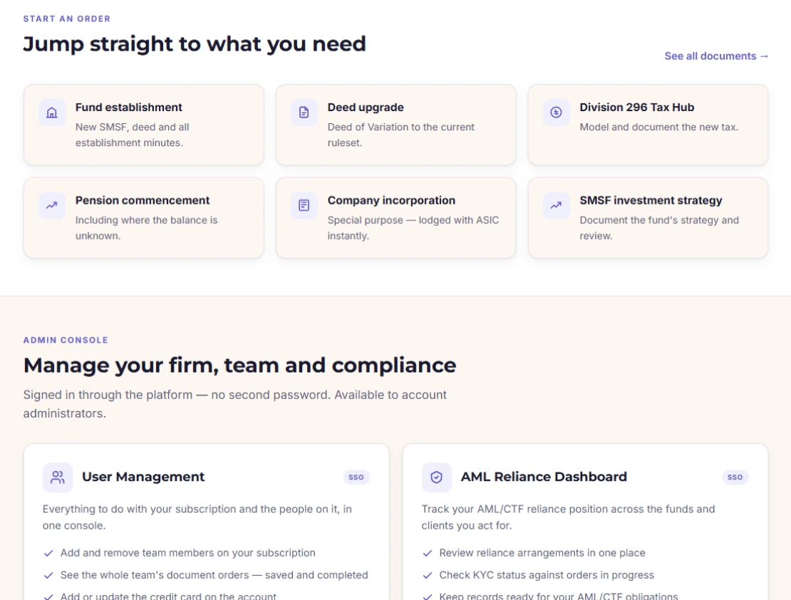 The Smarter SMSF Documents platform: shortcuts to start an order (Fund establishment, Deed upgrade, Division 296 Tax Hub, Pension commencement, Company incorporation, SMSF investment strategy) above the admin console for managing your firm, team and AML/CTF reliance.