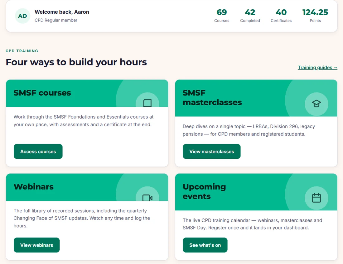 The Smarter SMSF Learn dashboard: member stats plus four ways to build CPD hours — SMSF courses, masterclasses, webinars and upcoming events.